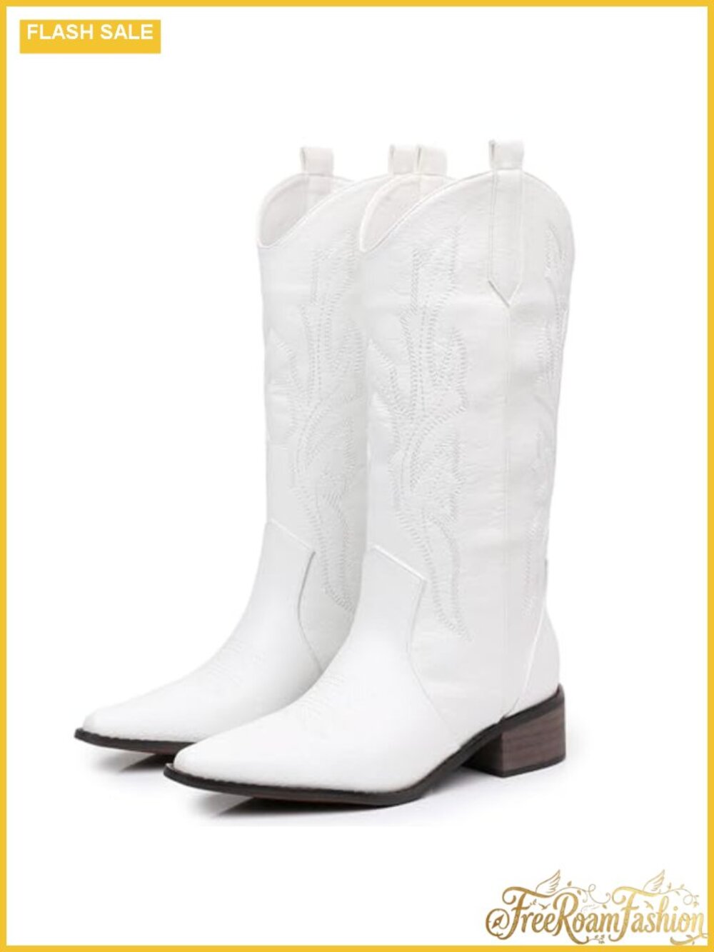 Chunky Block Heel Mid-Calf Cowboy Boots Pointed Toe